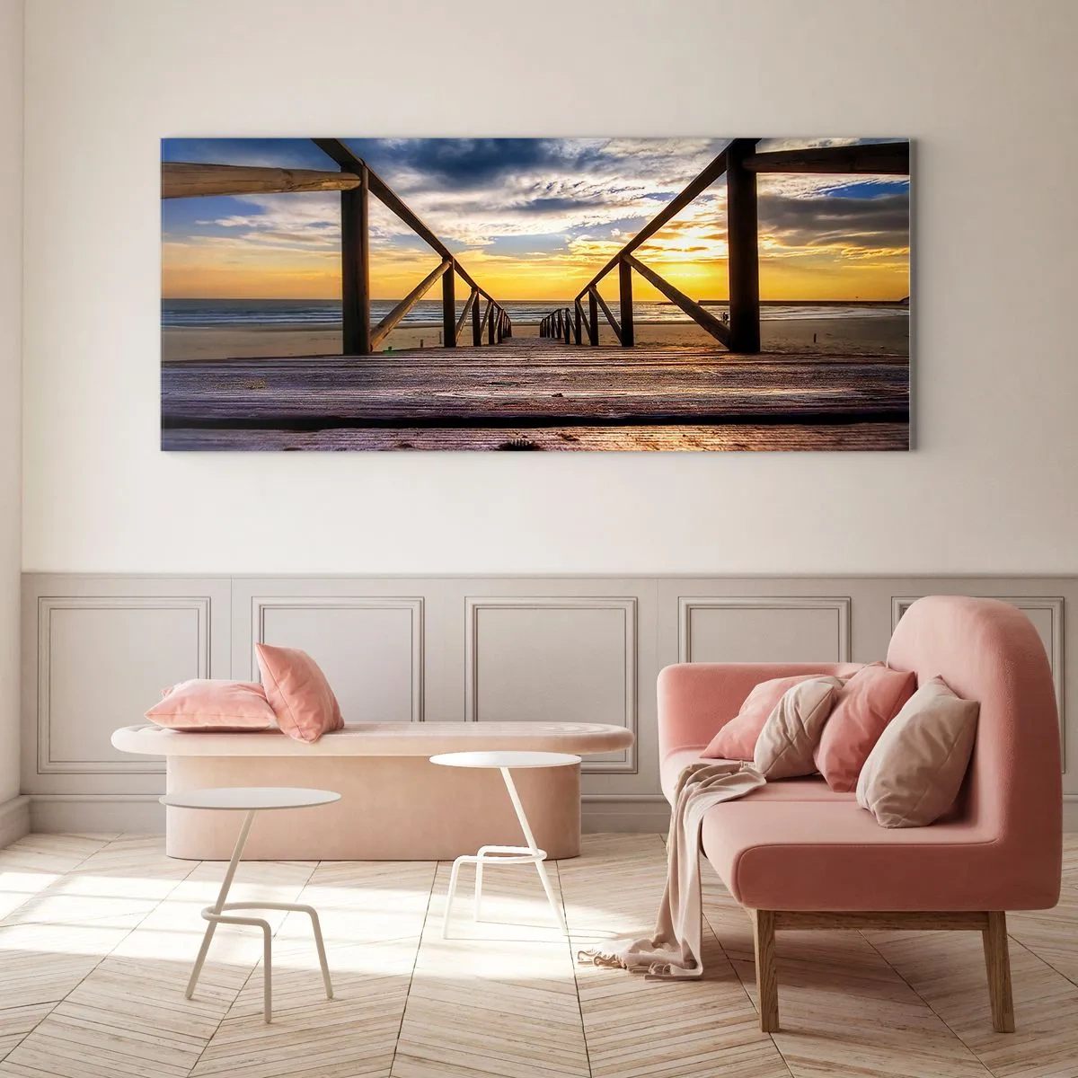 Quadro em vidro - Direto para a praia tranquila ao pôr do sol - 90x30 cm