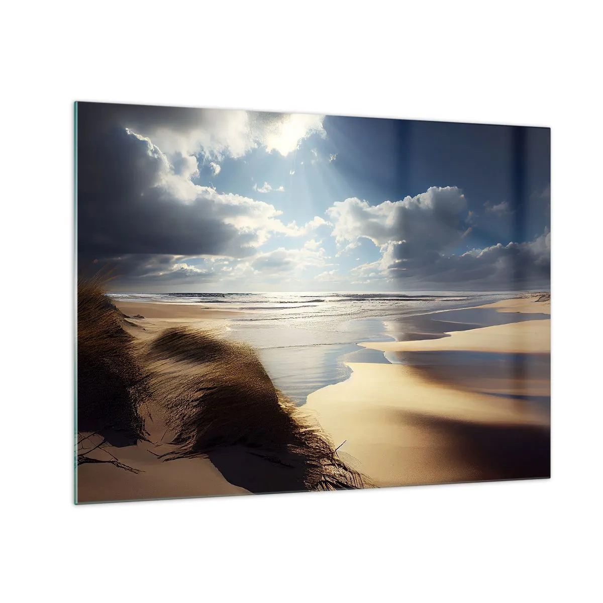 Quadro em vidro - Uma praia selvagem iluminada pelos raios de sol sob as nuvens - 70x50cm - Praia, praia selvagem - Decoração de parede moderna para a sala de estar e quarto ARTTOR