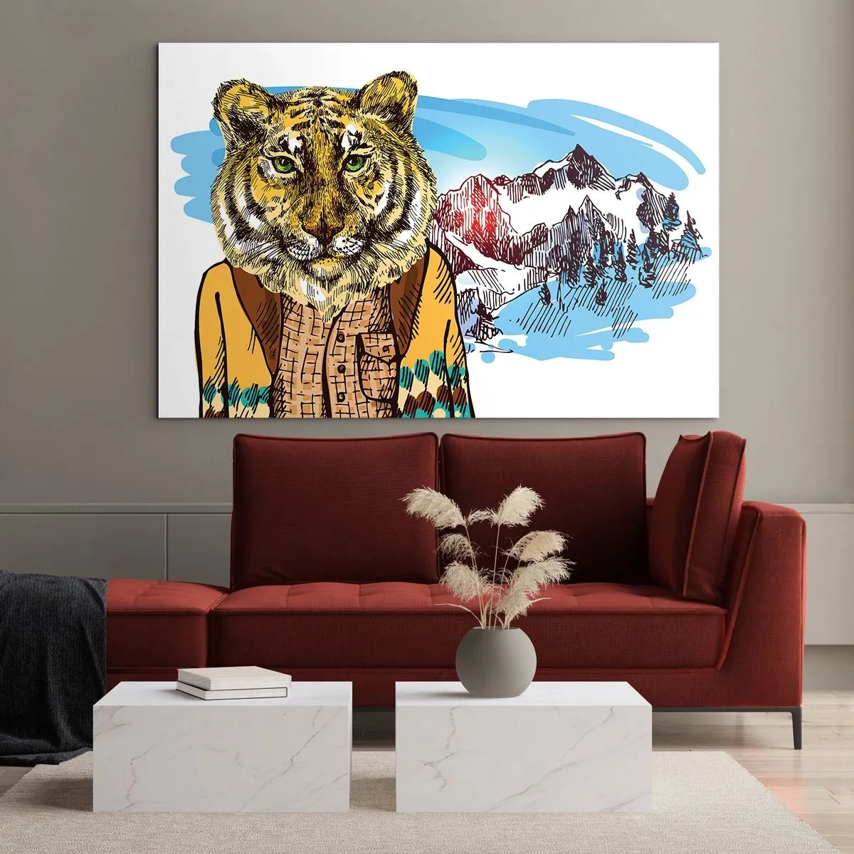 Quadro em vidro - Um tigre de colete contra uma paisagem montanhosa - 70x50cm - Não tão selvagem como dizzem - Decoração de parede moderna para a sala de estar e quarto ARTTOR