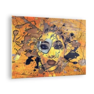 Quadro em vidro - Rosto de mulher abstrato em tons de laranja-dourado - 70x50cm - Beleza ensolarada - Decoração de parede moderna para a sala de estar e quarto ARTTOR