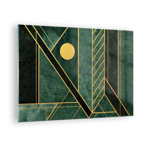 Quadro em vidro - Abstração geométrica verde e dourada no estilo Art Déco - 70x50cm - A dinâmica do ouro e do azul - Decoração de parede moderna para a sala de estar e quarto ARTTOR