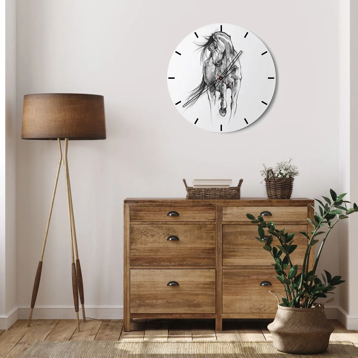 Relógio de parede - Relógio em vidro - Um esboço a lápis de um cavalo galopando em um fundo branco. - 30x30cm - Num trote gracioso - Decoração de parede moderna para a sala de estar, cozinha e quarto ARTTOR