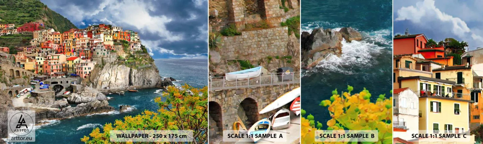 Amostra de Papel de Parede Standard Eco - Um aglomerado nas rochas - Paisagem, Arquitetura, Itália - 100x30 cm