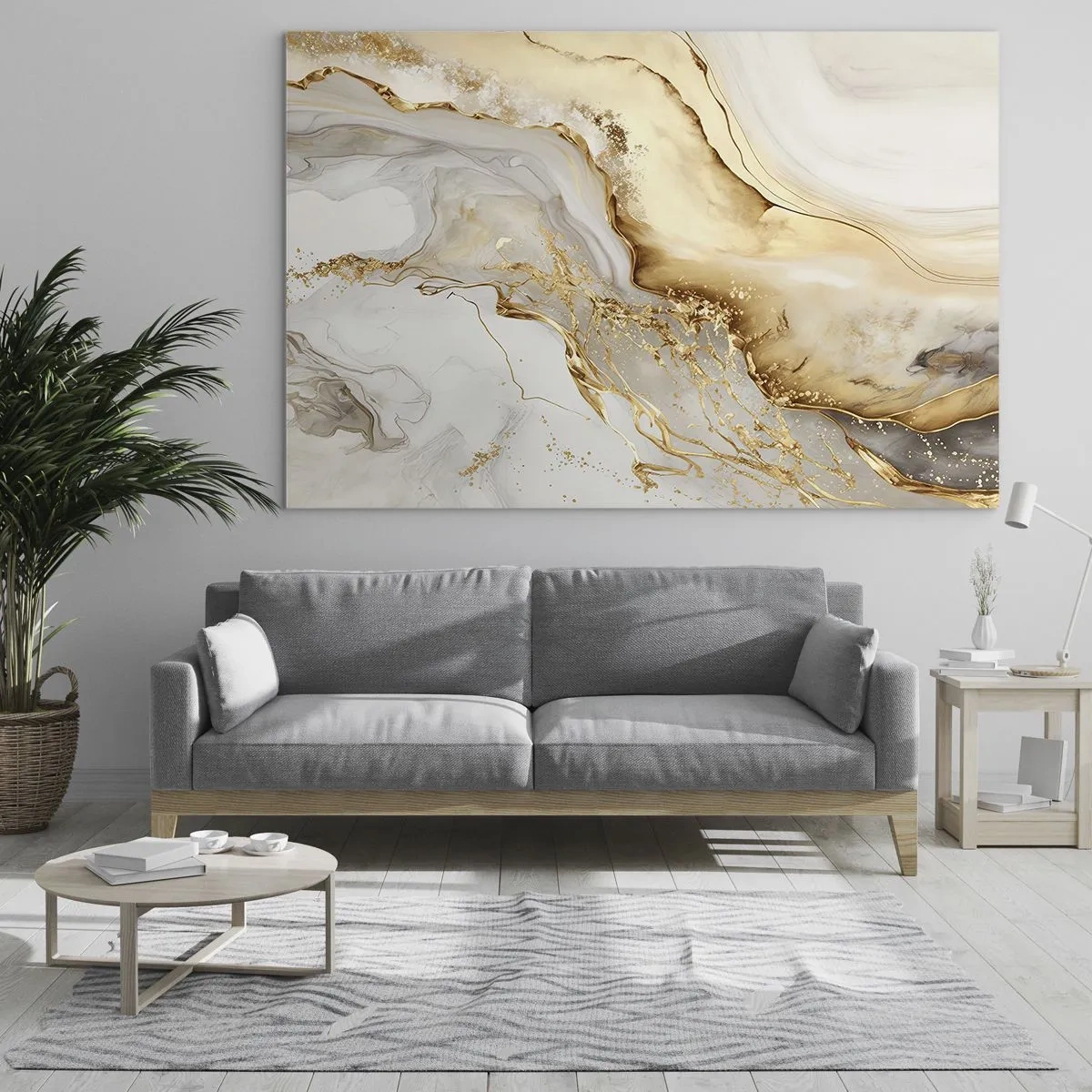 Quadro em vidro - Listras abstratas douradas e bege em um fundo claro - 70x50cm - Abstração: beleza e bondade - Decoração de parede moderna para a sala de estar e quarto ARTTOR