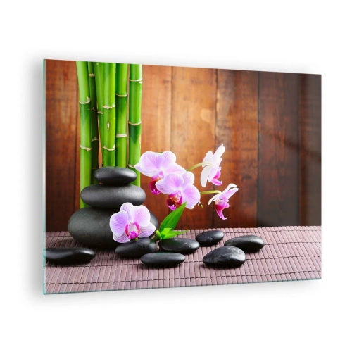 Quadro em vidro - Orquídeas cor de rosa, bambu e pedras pretas contra uma parede de madeira - 70x50cm - Experimente os prazeres do Oriente - Decoração de parede moderna para a sala de estar e quarto ARTTOR