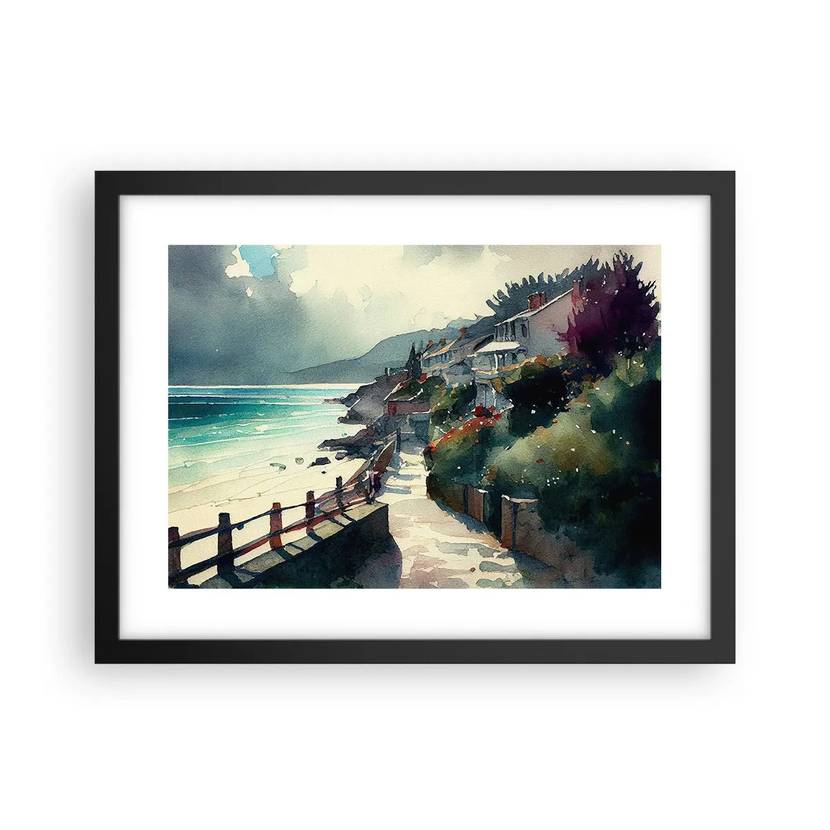 Pôster com moldura preta - Cidade mediterrânea - 40x30 cm