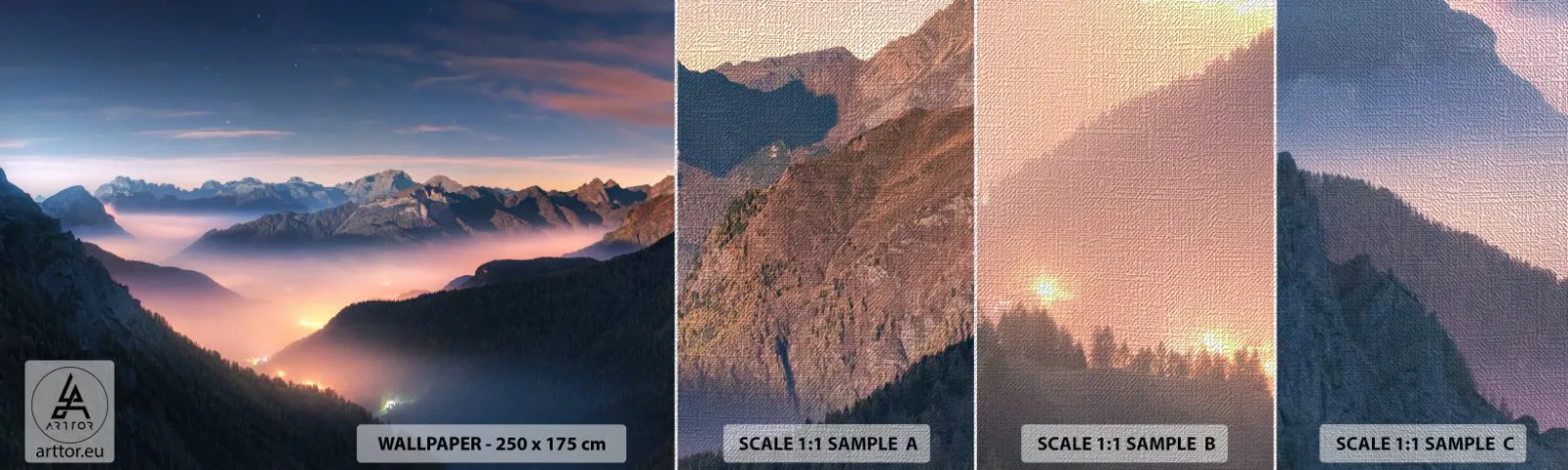 Amostra de papel de parede Premium Canvas - Luz nos vales - Paisagem, Montanhas, Floresta - 100x30 cm