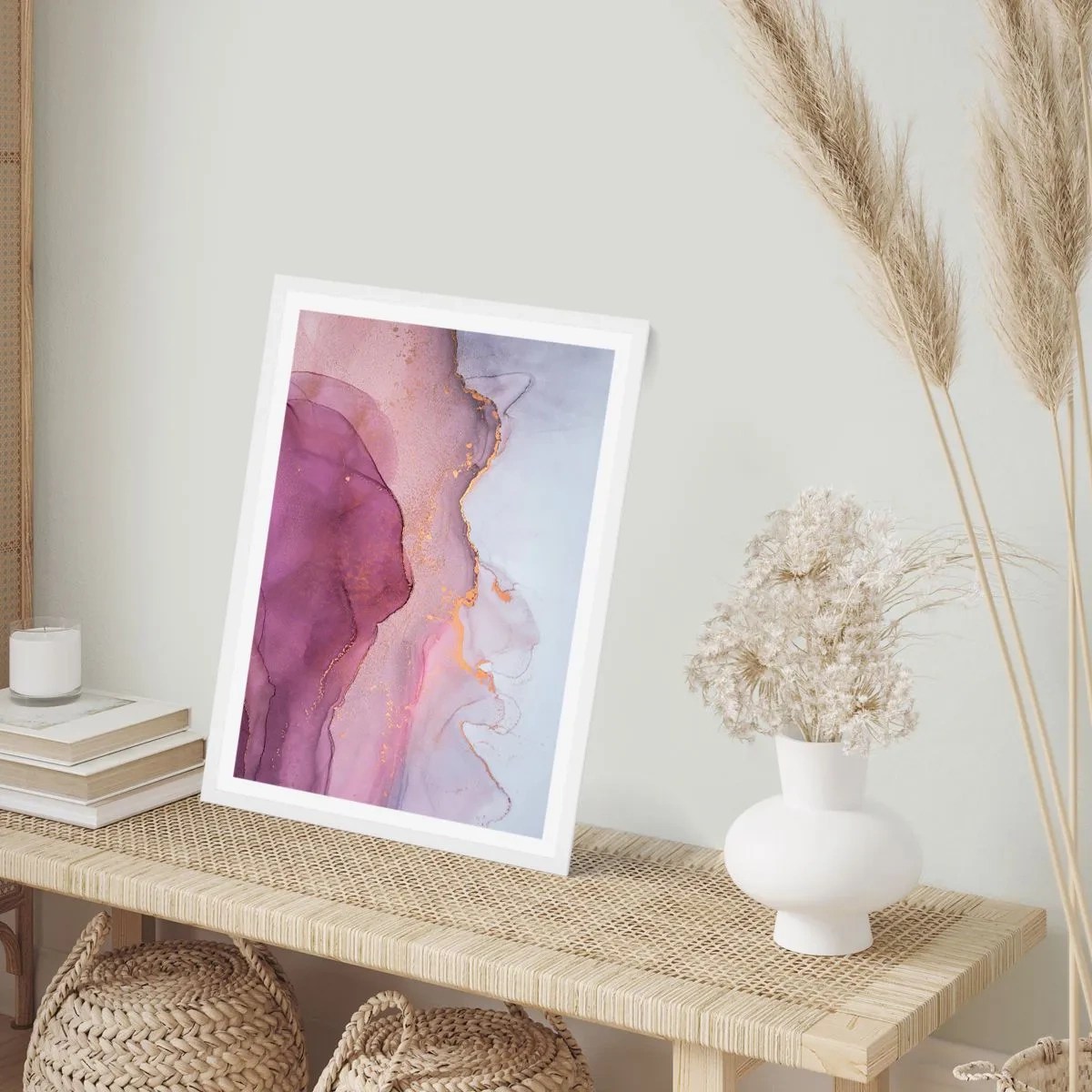 Pôster em moldura branca - Ondas de lilás e roxo - 50x70 cm