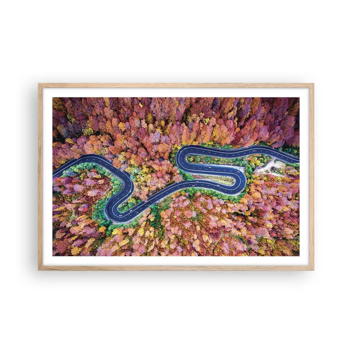 Pôster com moldura de carvalho claro - Estrada sinuosa pela floresta - 91x61 cm