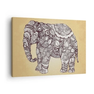 Quadro em tela - Elefante desenhado à mão com um padrão ornamentado em um fundo bege - 70x50cm - O elefante se cobriu - Decoração de parede moderna para a sala de estar e quarto ARTTOR