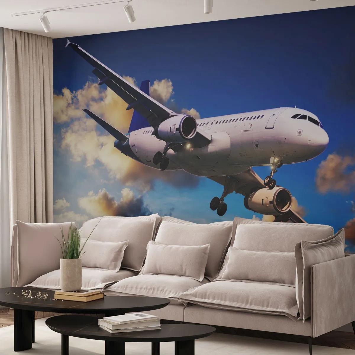 Papel de Parede Autocolante Deluxe Sticker - Viagem em branco e azul - Avião, Viagem, Céu com nuvens - 250x175 cm