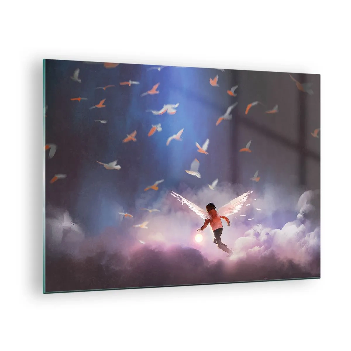 Quadro em vidro - Uma figura com asas de anjo flutuando entre as nuvens - 70x50cm - É preciso ter imaginação e coragem - Decoração de parede moderna para a sala de estar e quarto ARTTOR