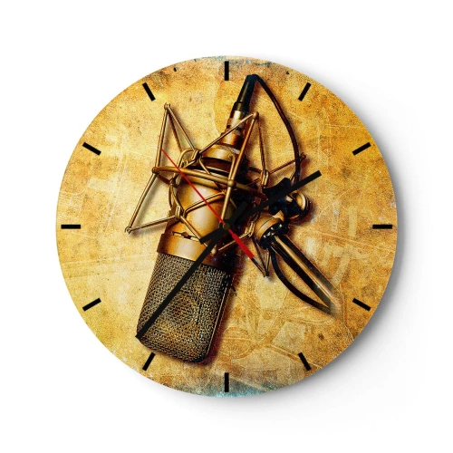Relógio de parede - Relógio em vidro - Um motivo de microfone de estúdio em um fundo dourado - 30x30cm - Os Anos Dourados da Rádio - Decoração de parede moderna para a sala de estar, cozinha e quarto ARTTOR