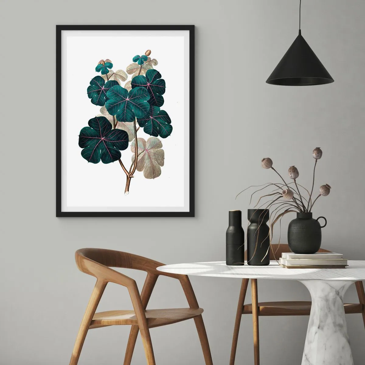 Pôster com moldura preta - Ilustração botânica com folhas verde-escuras sobre fundo claro - 50x70cm - Do antigo herbário - Decoração de parede moderna para a sala de estar e quarto ARTTOR