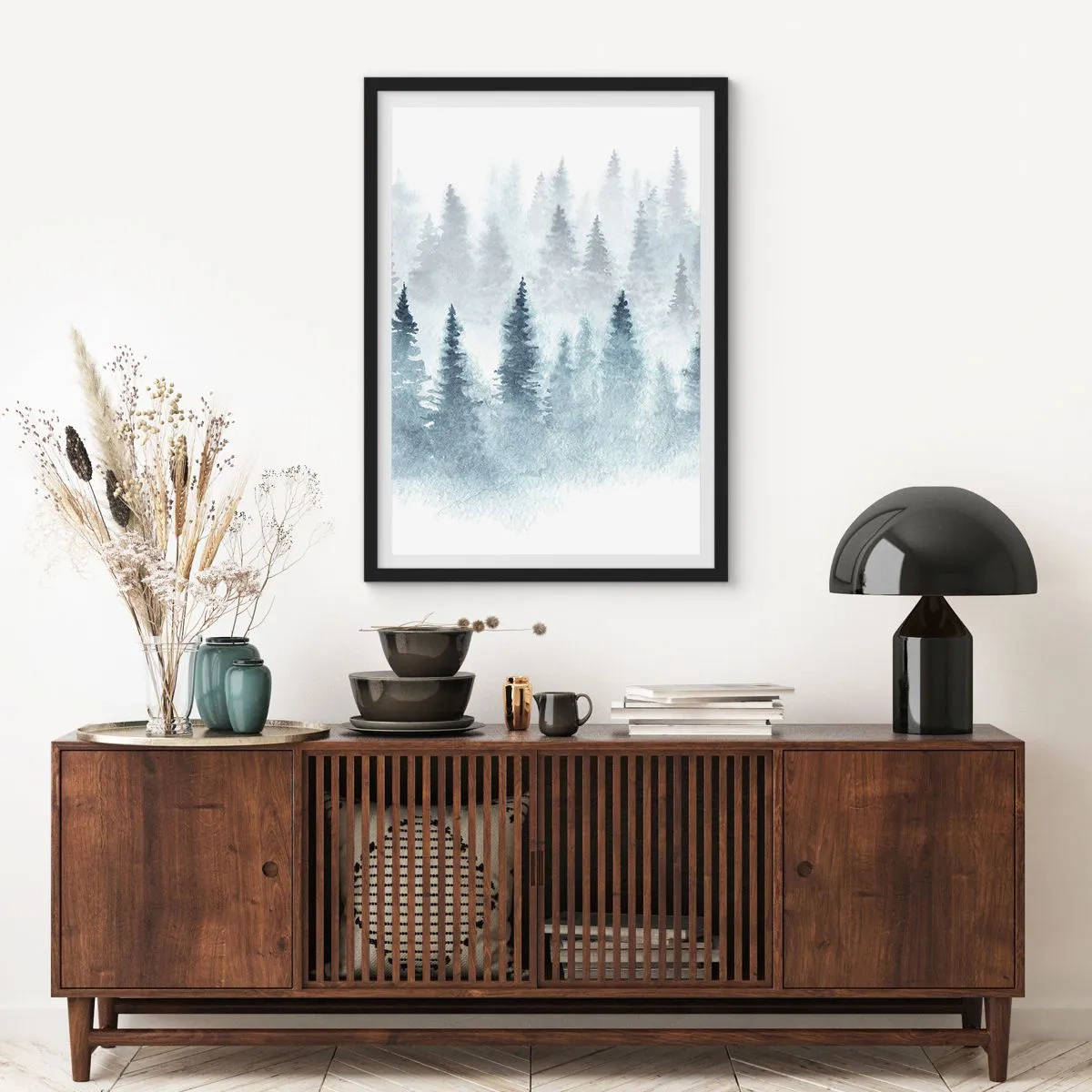 Pôster com moldura preta - Paisagem em aquarela com uma floresta na neblina - 50x70cm - Envolto no nevoeiro - Decoração de parede moderna para a sala de estar e quarto ARTTOR