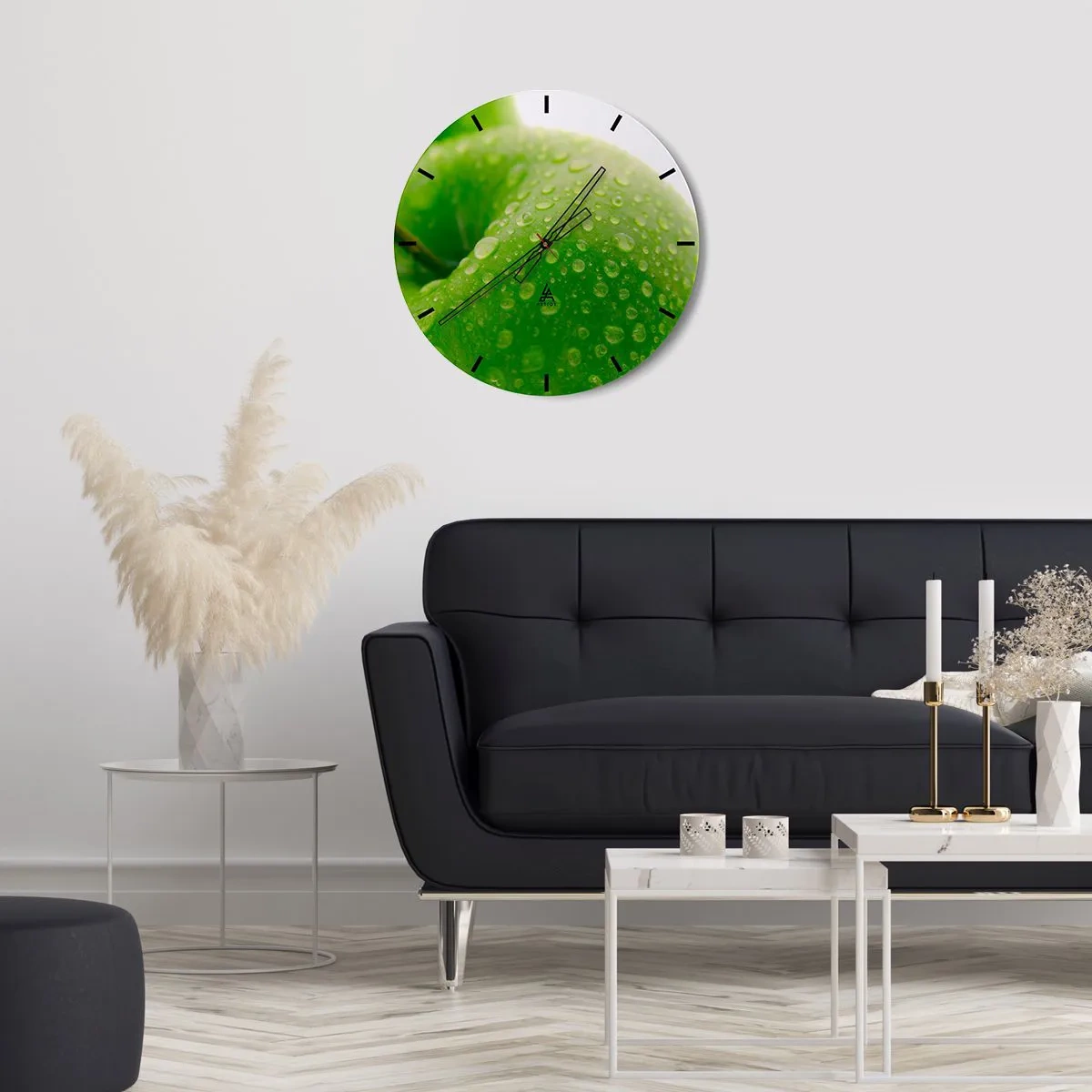 Relógio de parede - Relógio em vidro - Uma maçã verde coberta com gotas de água - 30x30cm - Frescor verde - Decoração de parede moderna para a sala de estar, cozinha e quarto ARTTOR
