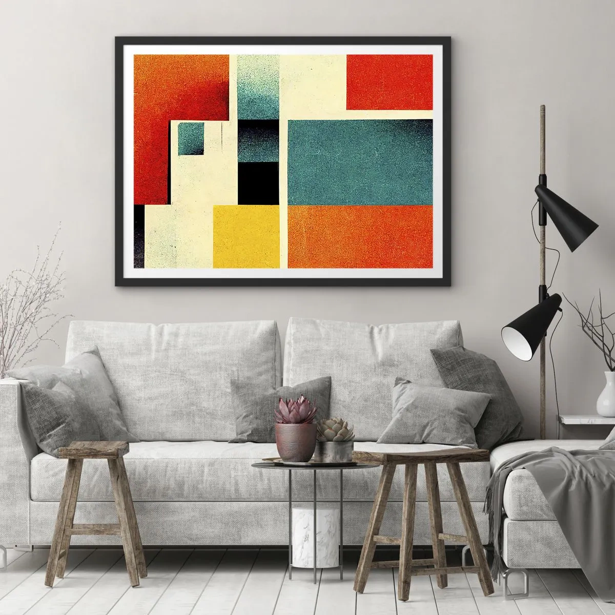 Pôster com moldura preta - Abstração geométrica – boa energia - 70x50 cm