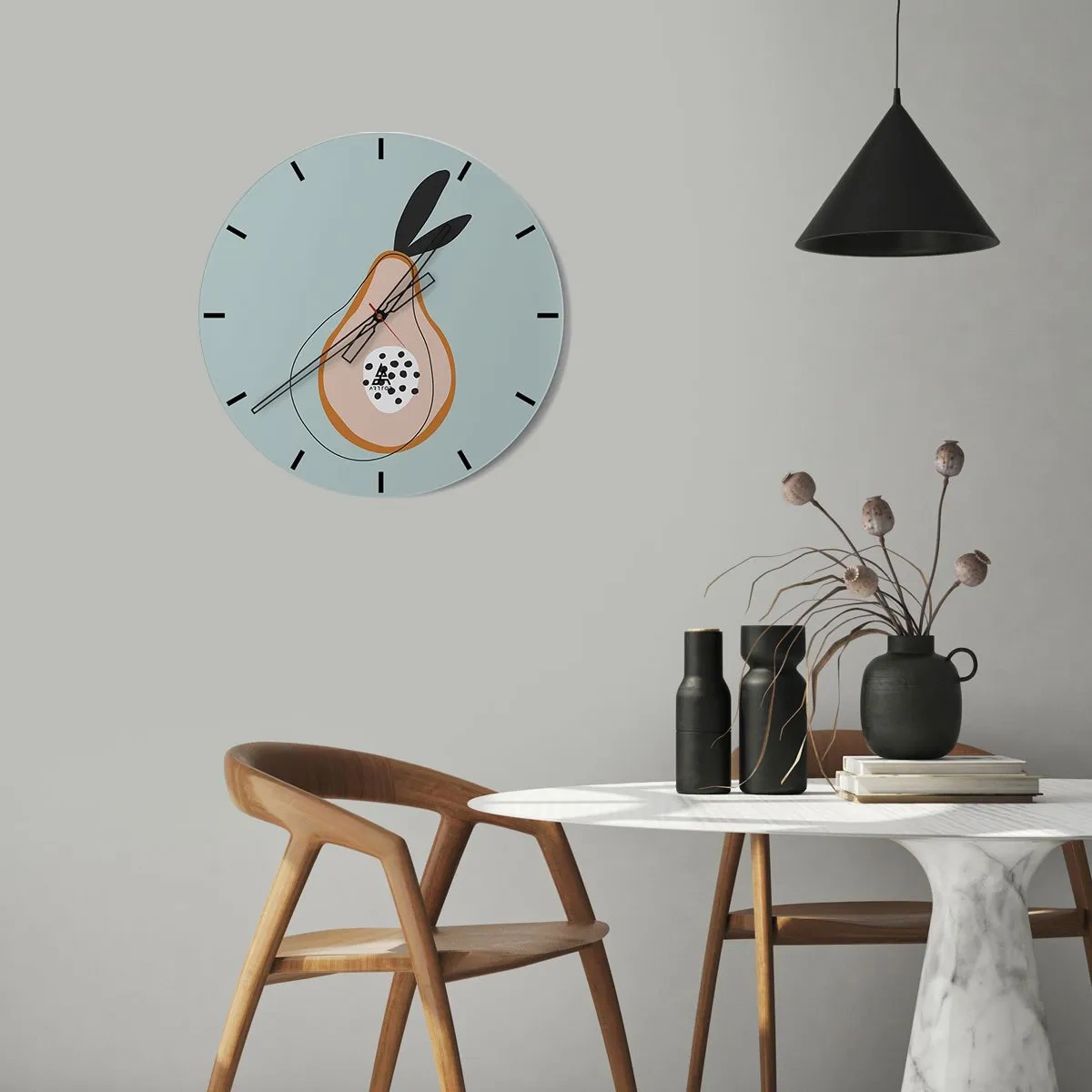 Relógio de parede - Relógio em vidro - Pera abstrata em fundo pastel com folhas pretas - 30x30cm - Penetrar na natureza das coisas - Decoração de parede moderna para a sala de estar, cozinha e quarto ARTTOR