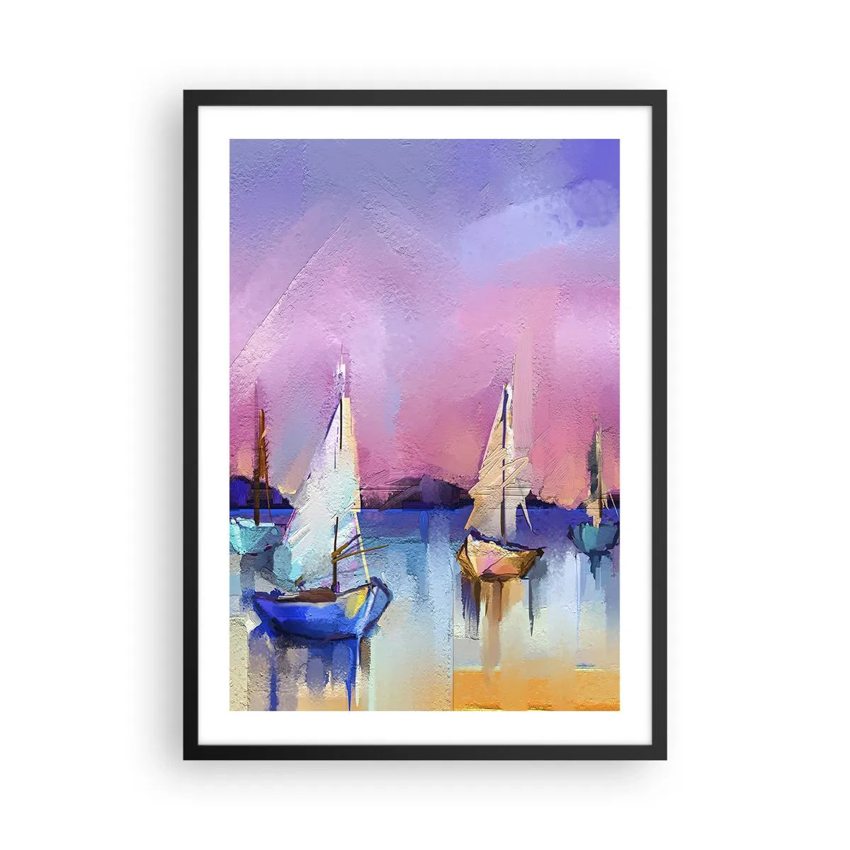 Pôster com moldura preta - Veleiros abstratos em um fundo colorido - 50x70cm - Direção: águas largas - Decoração de parede moderna para a sala de estar e quarto ARTTOR