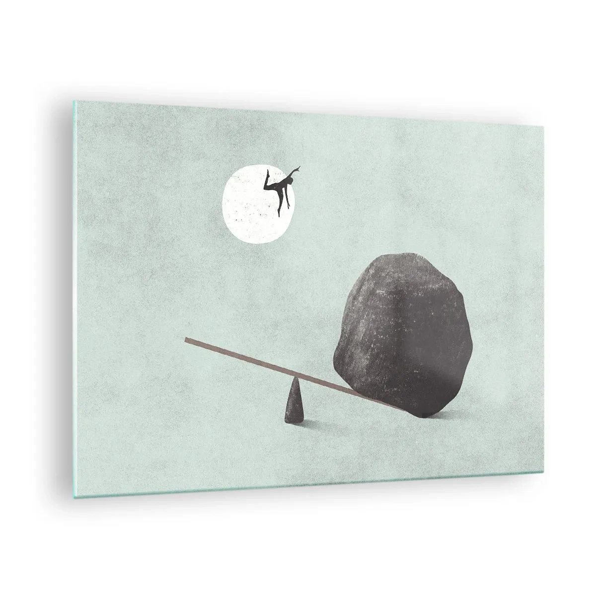 Quadro em vidro - Uma cena minimalista com um homem voando em direção à lua. - 70x50cm - Um sonho tornado realidade - Decoração de parede moderna para a sala de estar e quarto ARTTOR