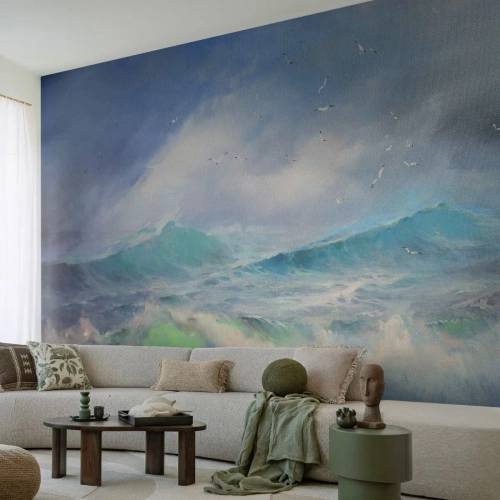 Papel de parede personalizado Premium Canvas - O vento uivava triunfalmente… - Tempestade, Onda alta, Pássaros