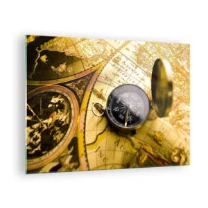 Quadro em vidro - Um mapa dourado com uma bússola como toque de aventura - 70x50cm - Que tal ao fim do mundo? - Decoração de parede moderna para a sala de estar e quarto ARTTOR