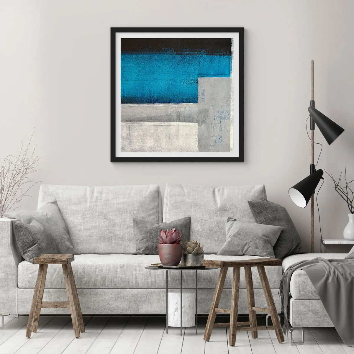 Pôster com moldura preta - Uma composição poética de cinza e azul - 30x30 cm