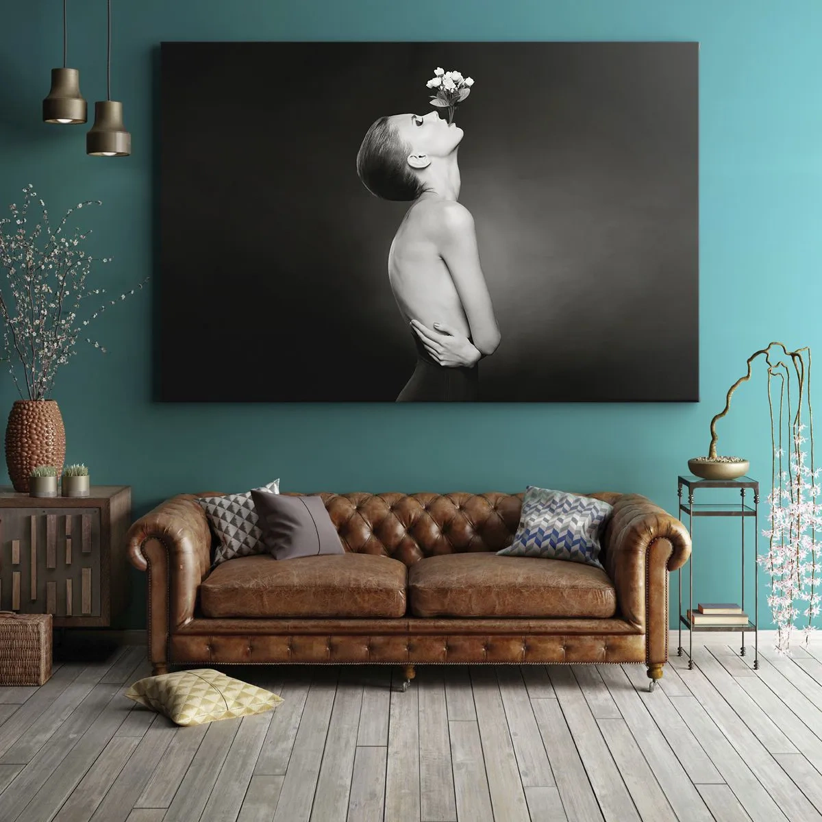 Quadro em tela - Silhueta preta e branca de uma mulher com uma flor - 70x50cm - Elegância excêntrica - Decoração de parede moderna para a sala de estar e quarto ARTTOR