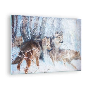 Quadro em vidro - Três lobos em uma floresta de inverno cercada por neve - 70x50cm - Atenção! Está a vir... - Decoração de parede moderna para a sala de estar e quarto ARTTOR