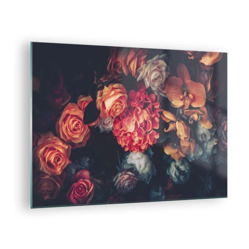 Quadro em vidro - Arranjo floral escuro com rosas e orquídeas - 70x50cm - Como nos mestres holandeses - Decoração de parede moderna para a sala de estar e quarto ARTTOR
