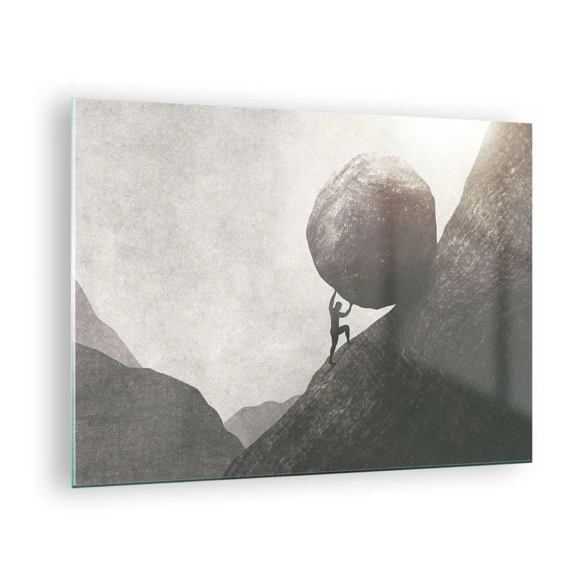 Quadro em vidro - Uma figura empurrando uma pedra morro acima em uma paisagem montanhosa - 70x50cm - Eu creio - Decoração de parede moderna para a sala de estar e quarto ARTTOR