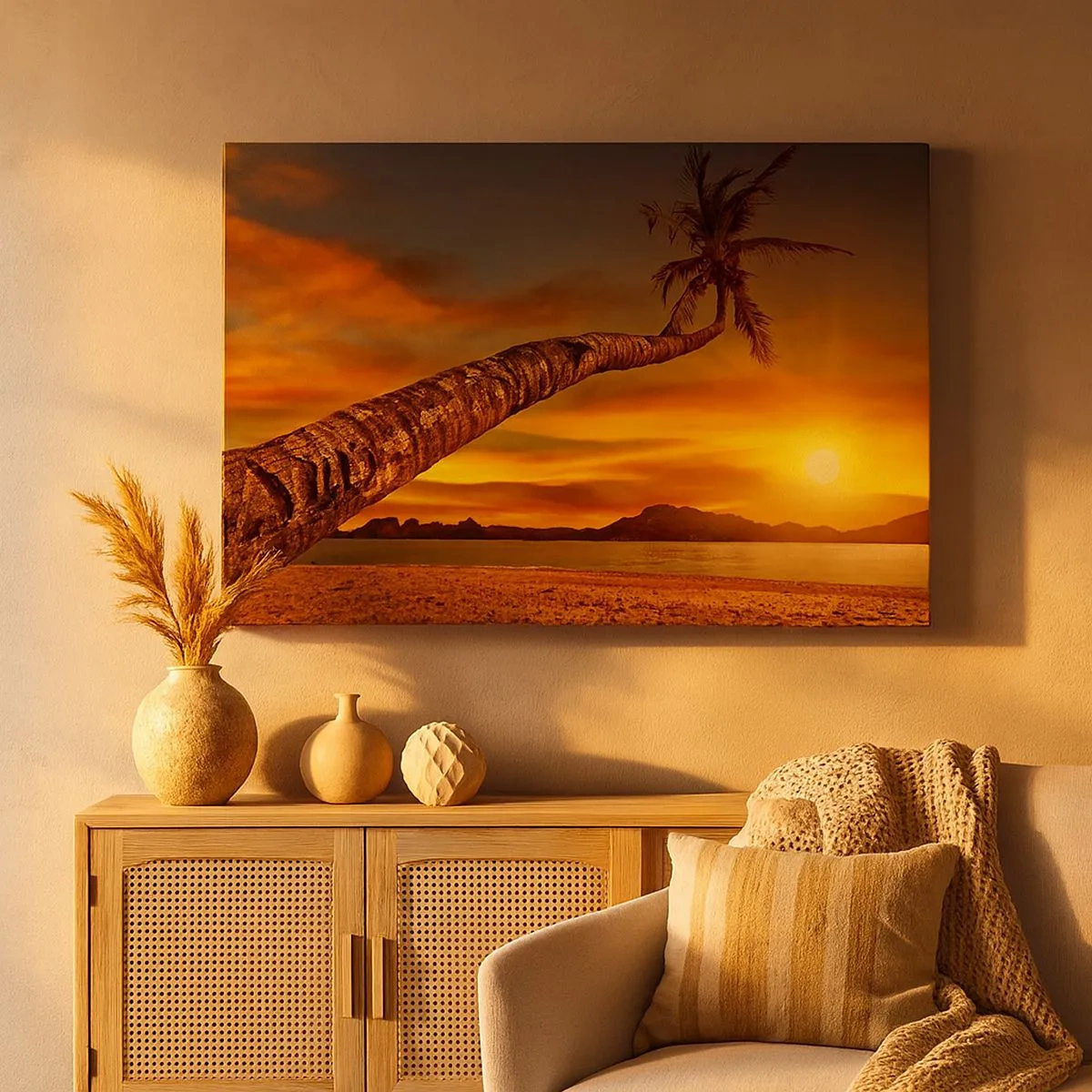 Quadro em tela - Palmeira na praia ao pôr do sol com vista para o mar - 70x50cm - Férias exóticas, aventura caribenha - Decoração de parede moderna para a sala de estar e quarto ARTTOR