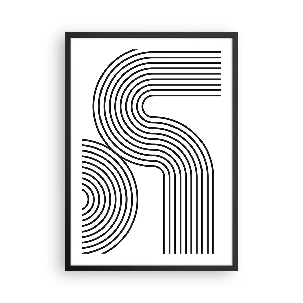 Pôster com moldura preta - Gráficos modernos com linhas abstratas em preto e branco - 50x70cm - Na curva - Decoração de parede moderna para a sala de estar e quarto ARTTOR