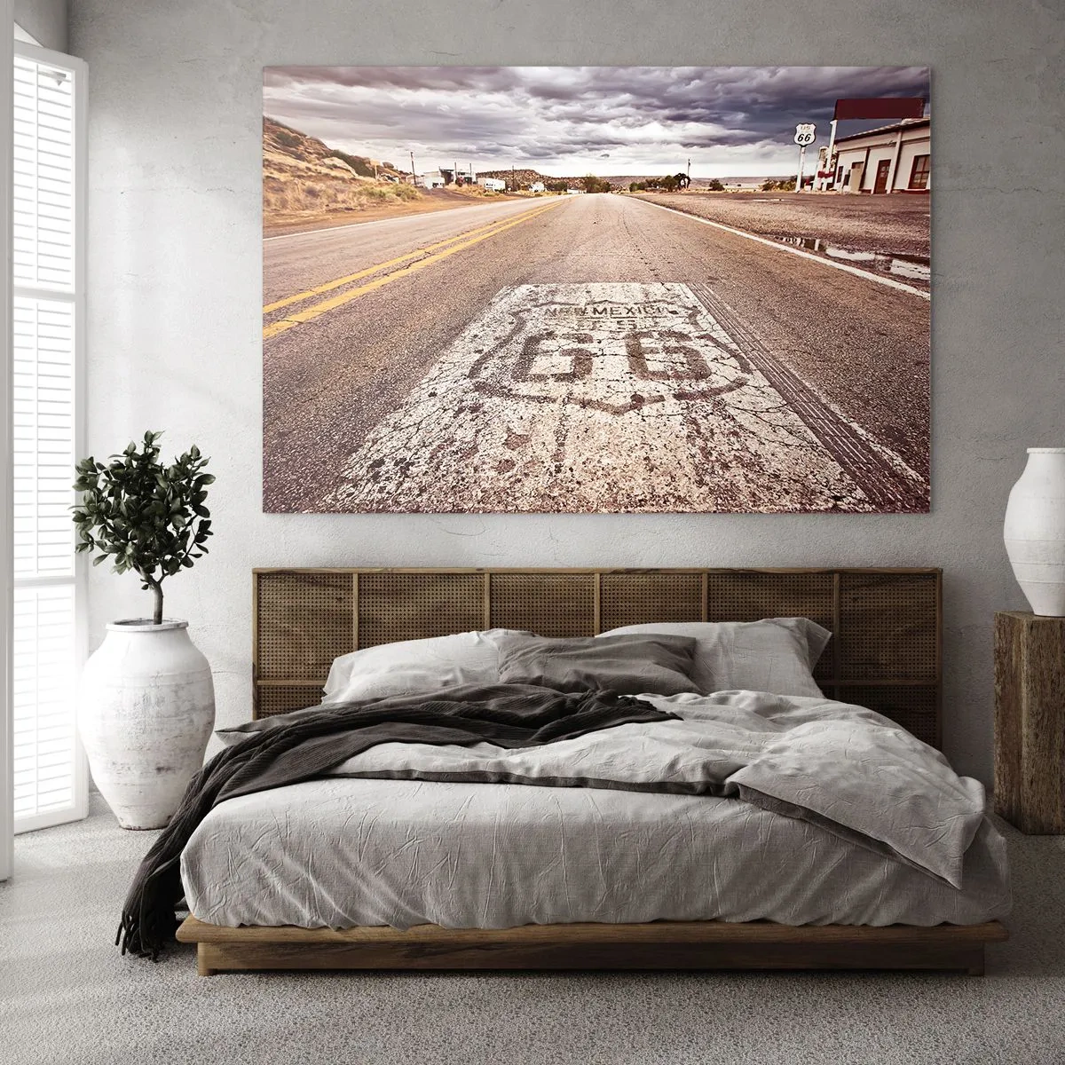 Quadro em vidro - Rota 66 com vista para o horizonte - 70x50cm - Mother Road - uma lenda americana - Decoração de parede moderna para a sala de estar e quarto ARTTOR