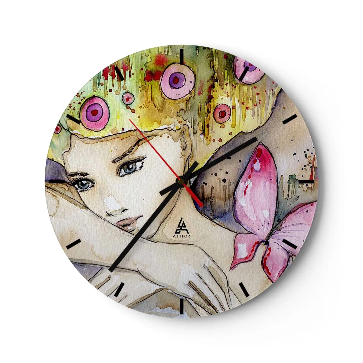 Relógio de parede - Relógio em vidro - Uma pintura em aquarela de uma mulher com um motivo de borboleta e detalhes coloridos. - 30x30cm - Princesa borboleta - Decoração de parede moderna para a sala de estar, cozinha e quarto ARTTOR