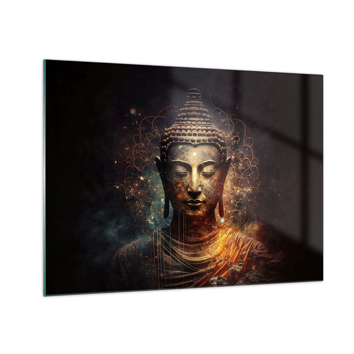 Quadro em vidro - Uma figura dourada de Buda sobre um fundo escuro com ornamentos - 70x50cm - Equilíbrio espiritual - Decoração de parede moderna para a sala de estar e quarto ARTTOR