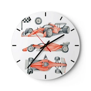 Relógio de parede - Relógio em vidro - Carros de corrida vermelhos e uma bandeira quadriculada em um fundo branco - 30x30cm - Persiga seu sonho - Decoração de parede moderna para a sala de estar, cozinha e quarto ARTTOR