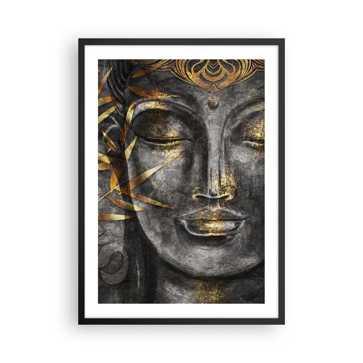 Pôster com moldura preta - Retrato de Buda com brilho dourado e elementos de folhas de bambu - 50x70cm - Sinta a paz - Decoração de parede moderna para a sala de estar e quarto ARTTOR
