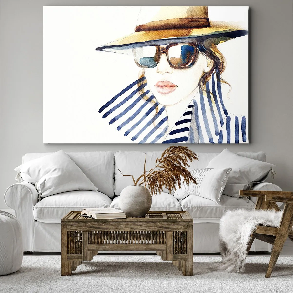 Quadro em tela - Retrato de uma mulher com chapéu e óculos de sol - 70x50cm - Bem-vindo à Flórida - Decoração de parede moderna para a sala de estar e quarto ARTTOR