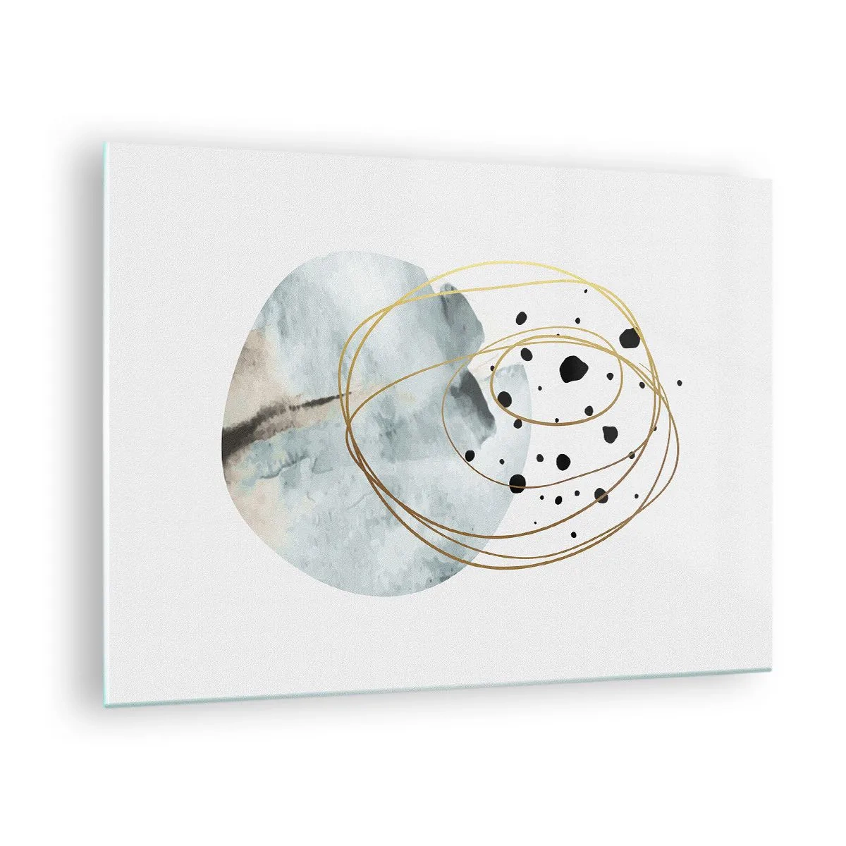 Quadro em vidro - Composição abstrata com uma mancha azul e linhas douradas - 70x50cm - No abraço ao espaço - Decoração de parede moderna para a sala de estar e quarto ARTTOR