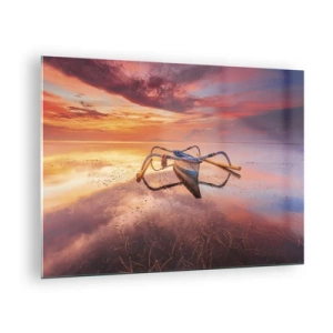 Quadro em vidro - Barco tradicional em águas calmas ao pôr do sol - 70x50cm - A calma de uma noite tropical - Decoração de parede moderna para a sala de estar e quarto ARTTOR