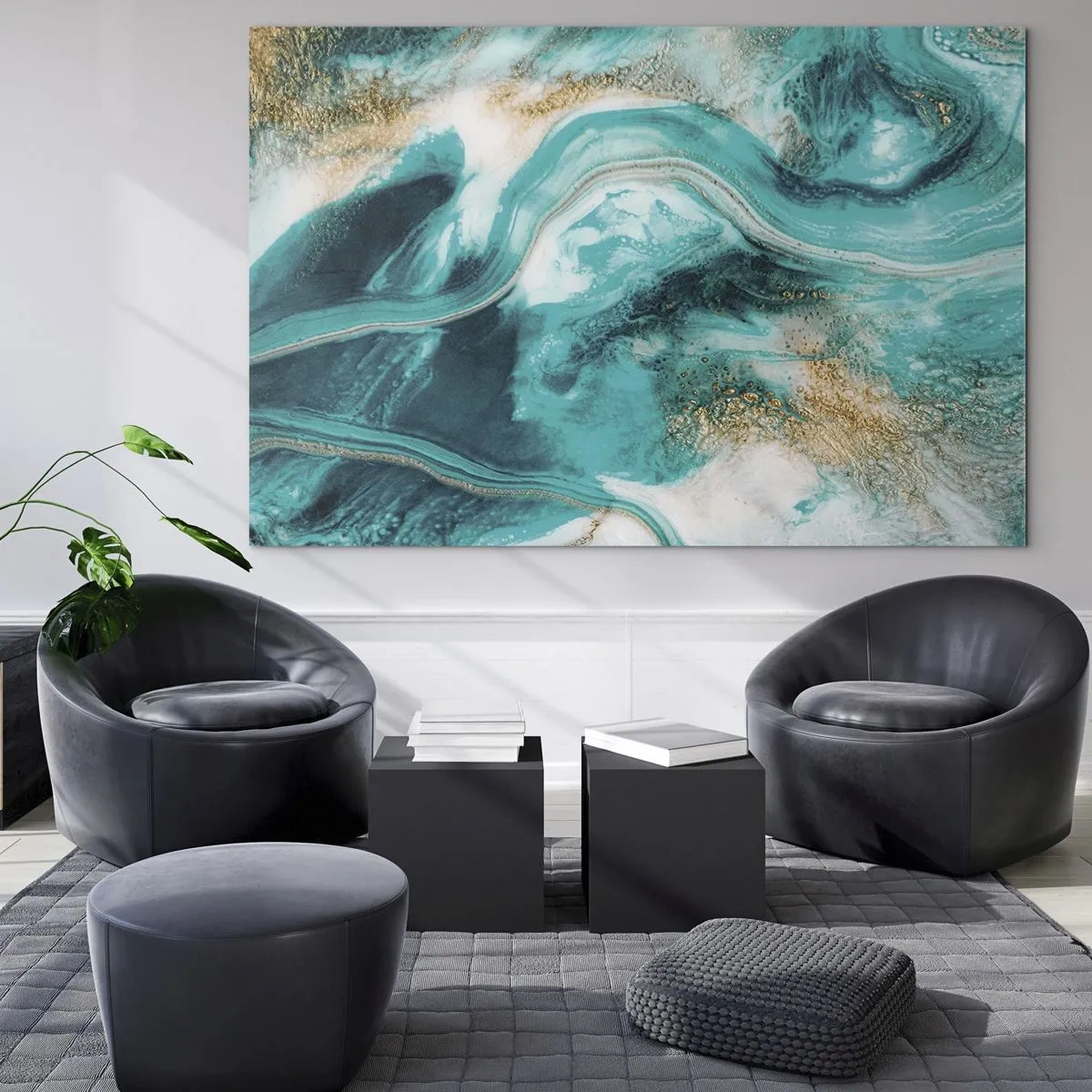 Quadro em vidro - Uma composição abstrata em turquesa com detalhes dourados. - 70x50cm - Rio do Ouro - Decoração de parede moderna para a sala de estar e quarto ARTTOR