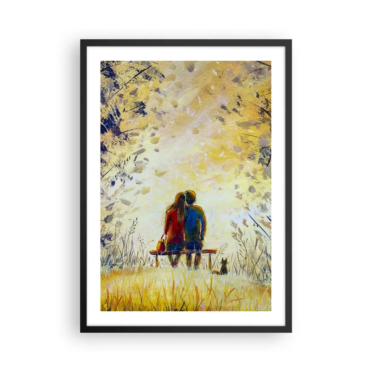 Pôster com moldura preta - Um casal sentado em um banco em meio às cores do outono ao pôr do sol - 50x70cm - Um momento mágico - Decoração de parede moderna para a sala de estar e quarto ARTTOR