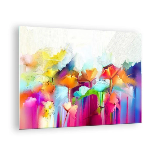 Quadro em vidro - Flores abstratas em cores intensas do arco-íris - 70x50cm - O arco-íris floresceu - Decoração de parede moderna para a sala de estar e quarto ARTTOR