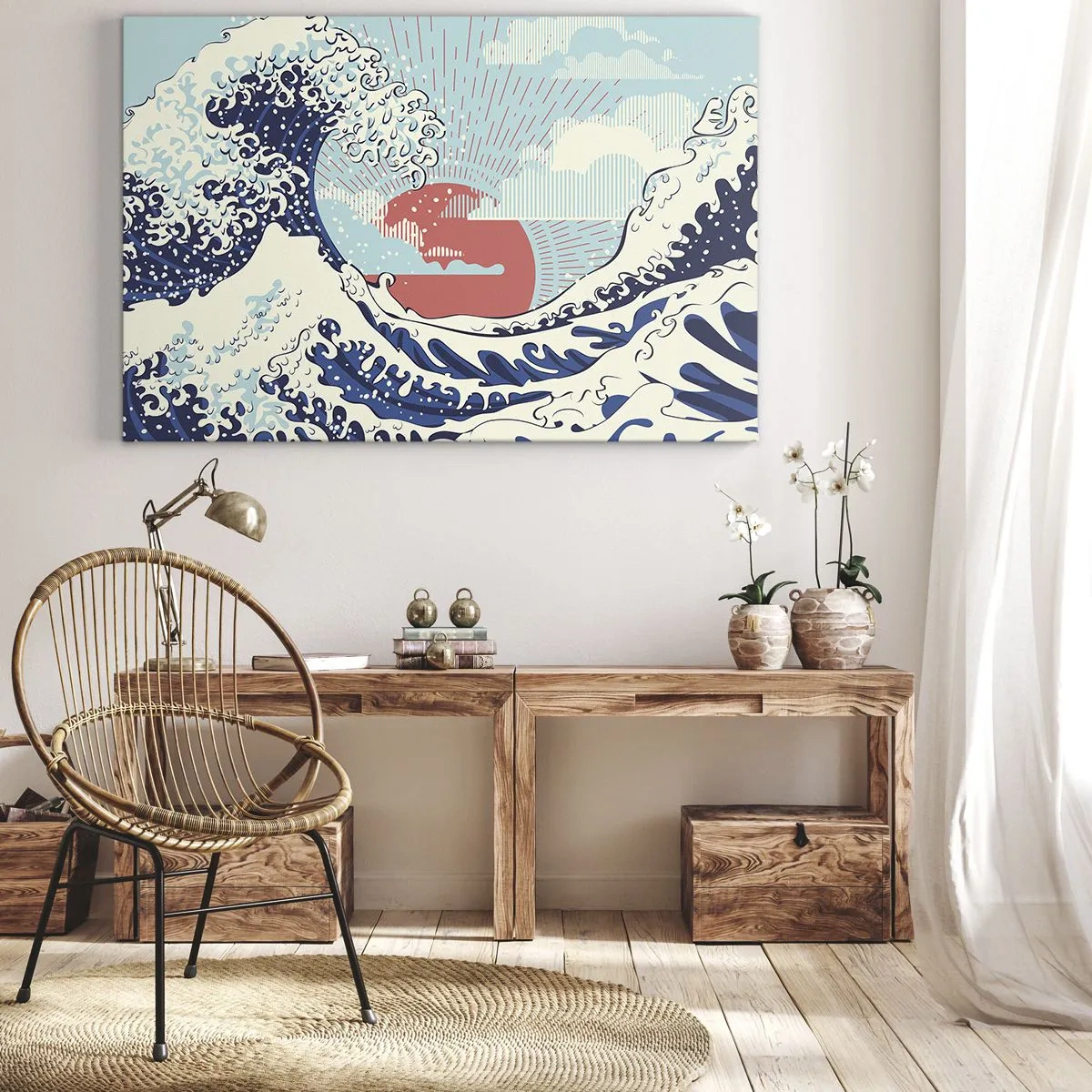Quadro em tela - Ondas do oceano e um pôr do sol ao estilo japonês - 70x50cm - Das inspirações japonesas - Decoração de parede moderna para a sala de estar e quarto ARTTOR