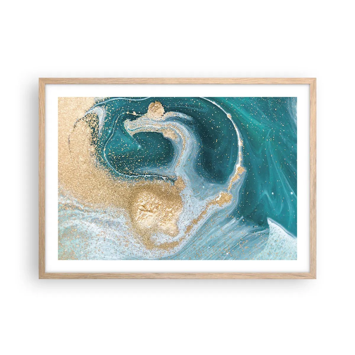 Pôster com moldura de carvalho claro - Um vórtice de ouro e turquesa - 70x50 cm
