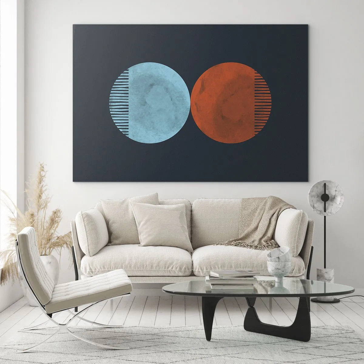 Quadro em vidro - Círculos abstratos em azul e laranja - 70x50cm - Apenas geometria? - Decoração de parede moderna para a sala de estar e quarto ARTTOR