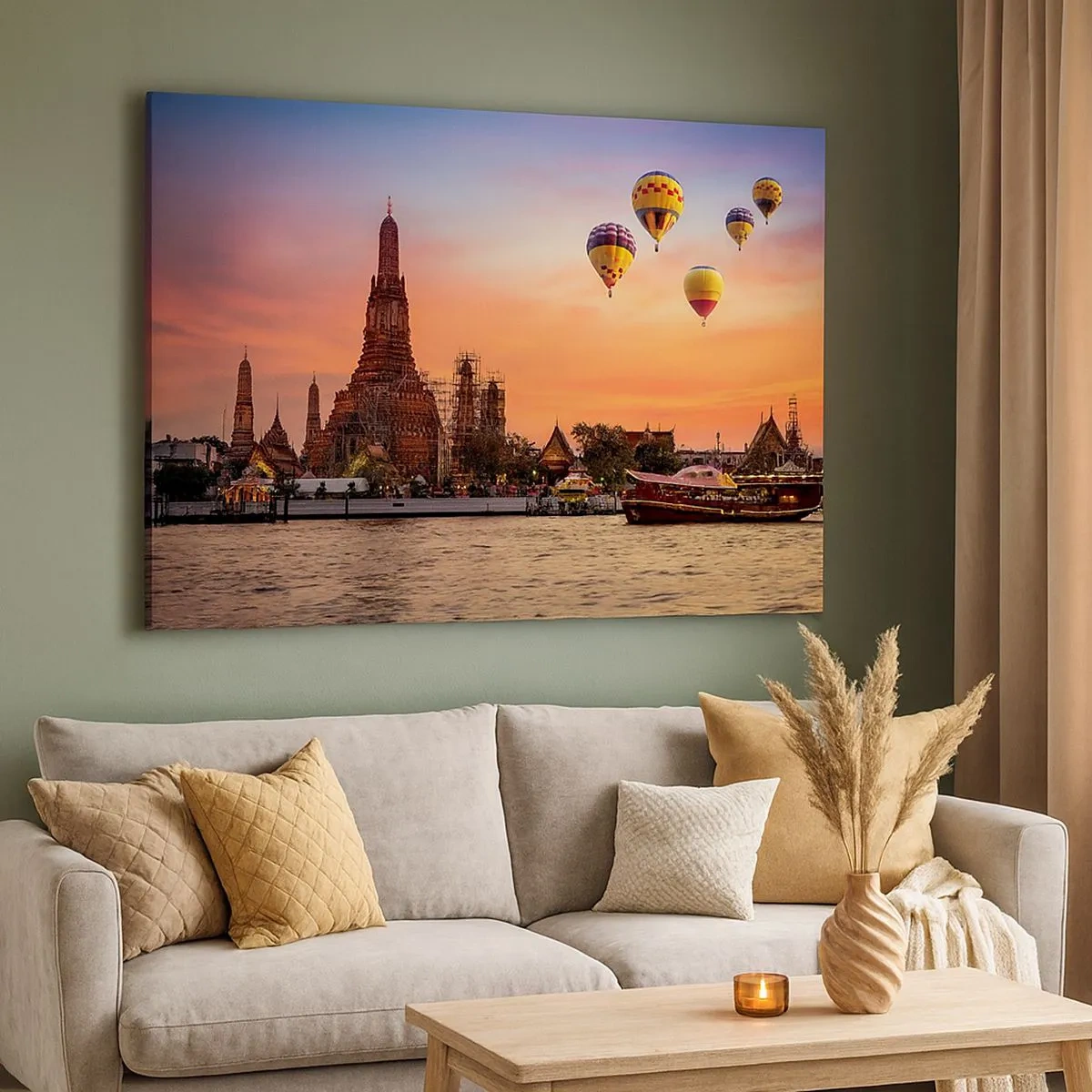 Quadro em tela - Um templo e balões tendo como pano de fundo o pôr do sol sobre o rio - 70x50cm - É aqui que nascem os contos de fadas - Decoração de parede moderna para a sala de estar e quarto ARTTOR