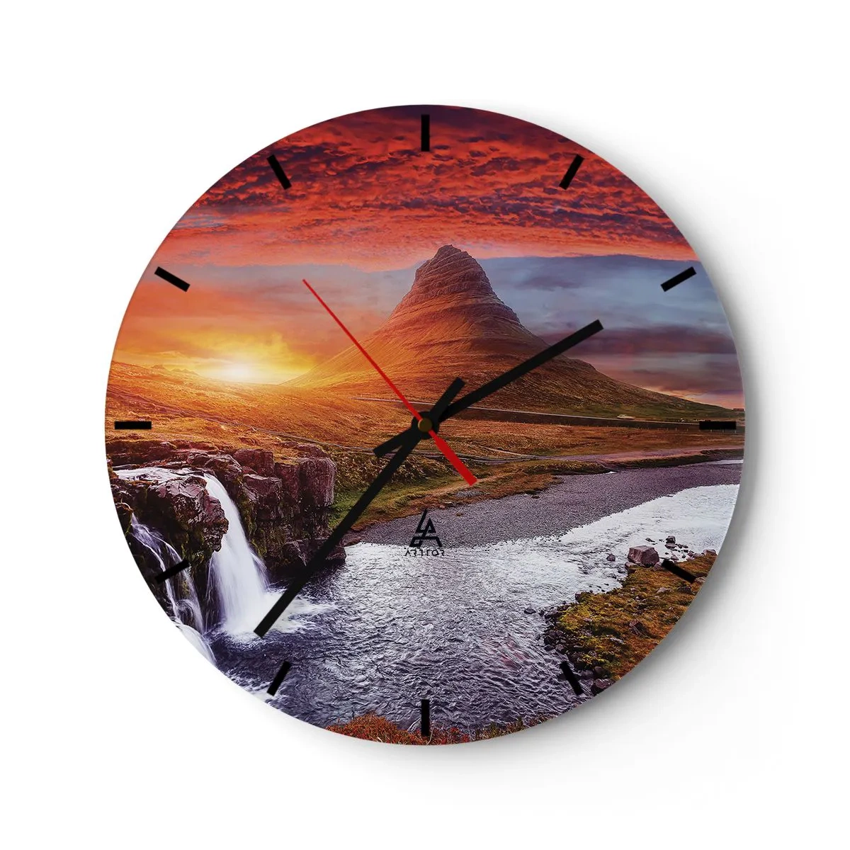 Relógio de parede - Relógio em vidro - Uma paisagem pitoresca com uma montanha, uma cachoeira e um pôr do sol - 30x30cm - A vista da Terra Média - Decoração de parede moderna para a sala de estar, cozinha e quarto ARTTOR