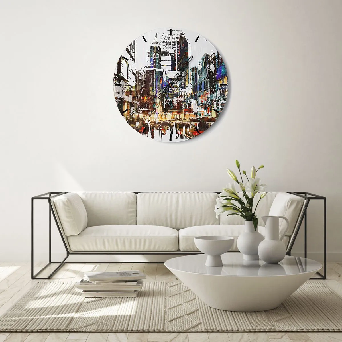 Relógio de parede - Relógio em vidro - Panorama abstrato da cidade em cores intensas - 30x30cm - Cidade cintilante - Decoração de parede moderna para a sala de estar, cozinha e quarto ARTTOR